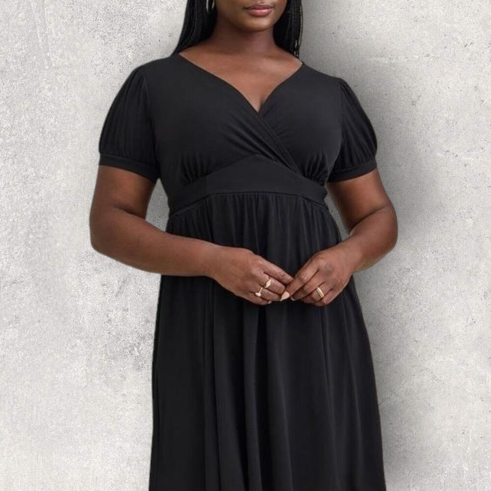 Torrid Dress Plus Sz 5 Black Mini Studio Knit Surplice Faux Wrap Pockets Stretch